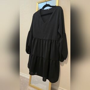 Tiered Black Dress with Balloon Sleeves